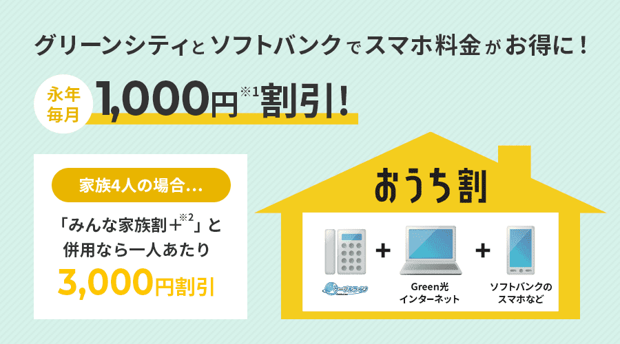 グリーンシティコムとソフトバンクでスマホ料金がお得に!永年毎月1,000円(※1)割引!家族4人の場合…「みんな家族割+(※2)」と併用なら一人あたり3,000円割引